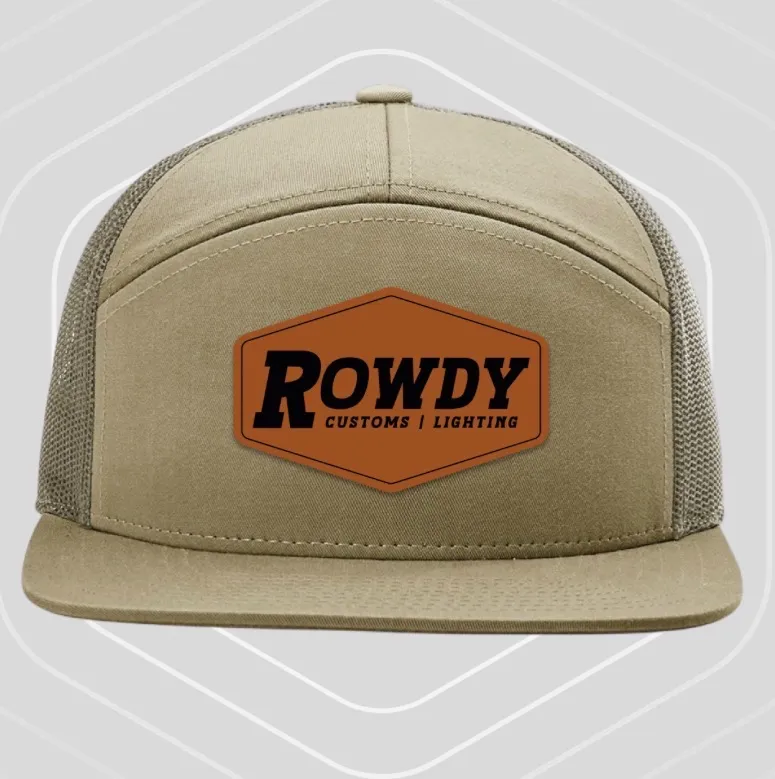 Khaki seven-panel cap with matching mesh side panels and a leather Rowdy Customs patch.