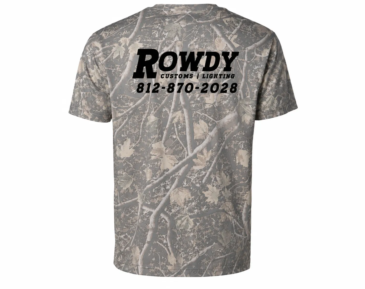 Camouflage t-shirt, back view, with the Rowdy Customs wordmark and phone number printed across the shoulders.