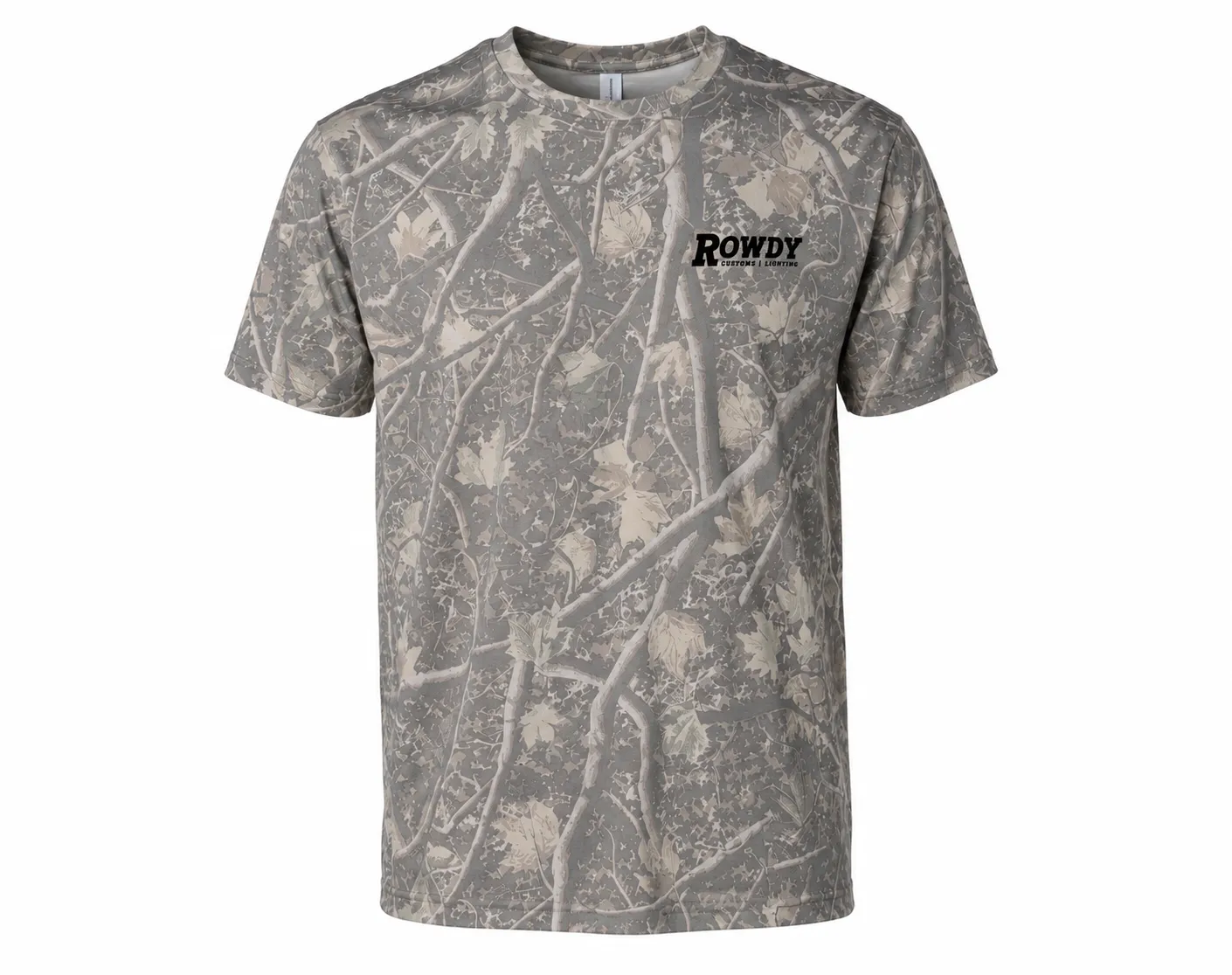 Camouflage t-shirt, front view, with a small Rowdy Customs wordmark on the left chest.